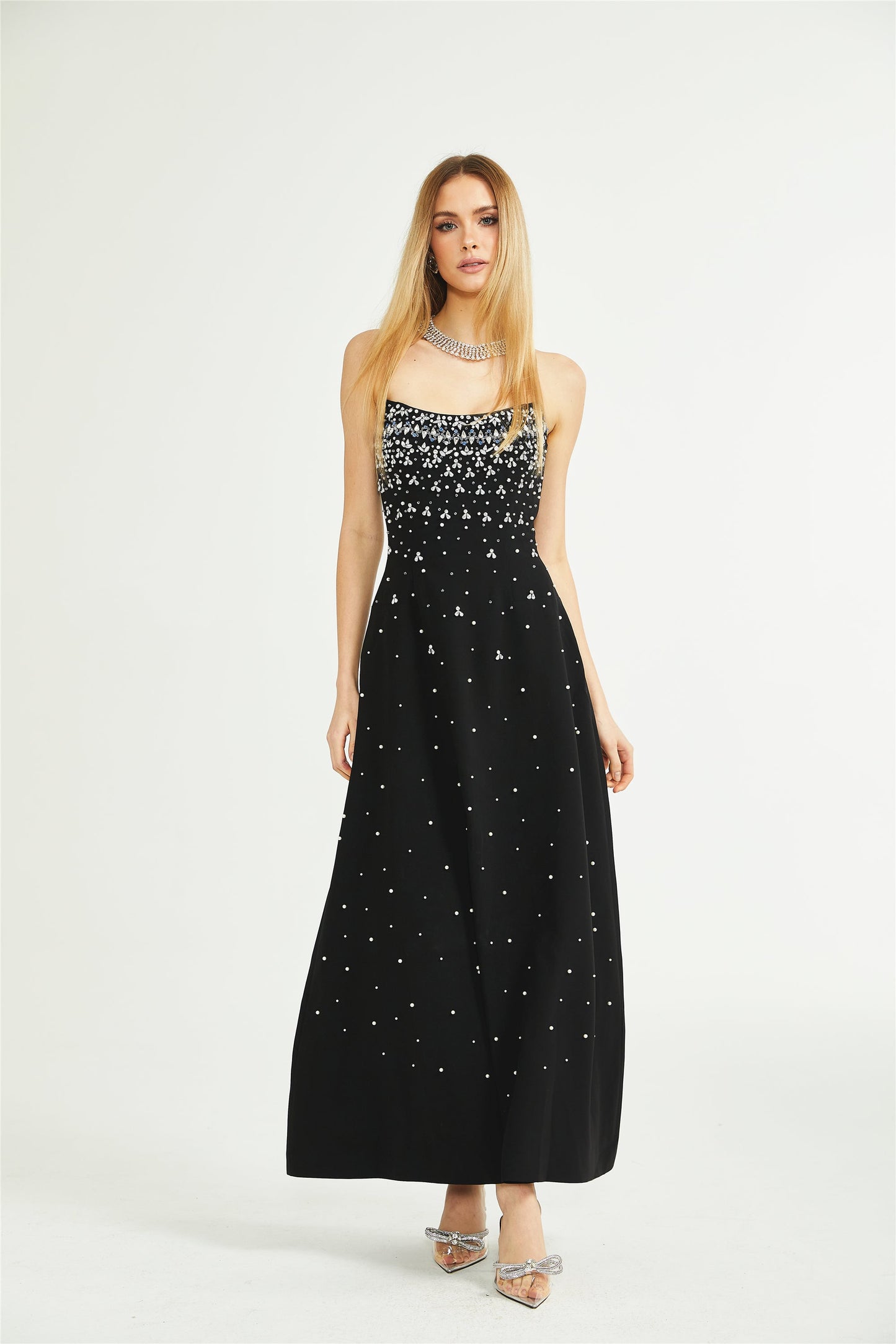 Elegant Siyah İşlemeli Maxi Elbise