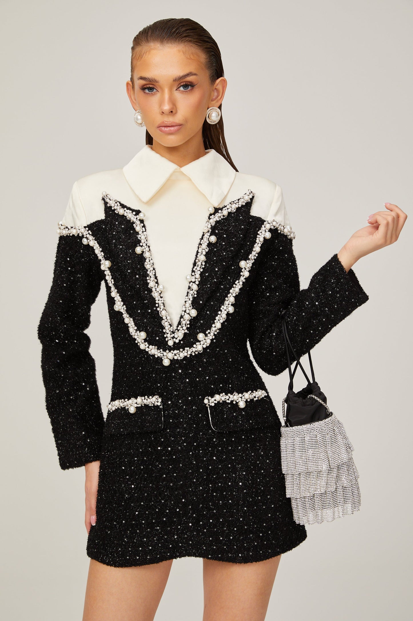Elegant Suni İnci Mini Elbise