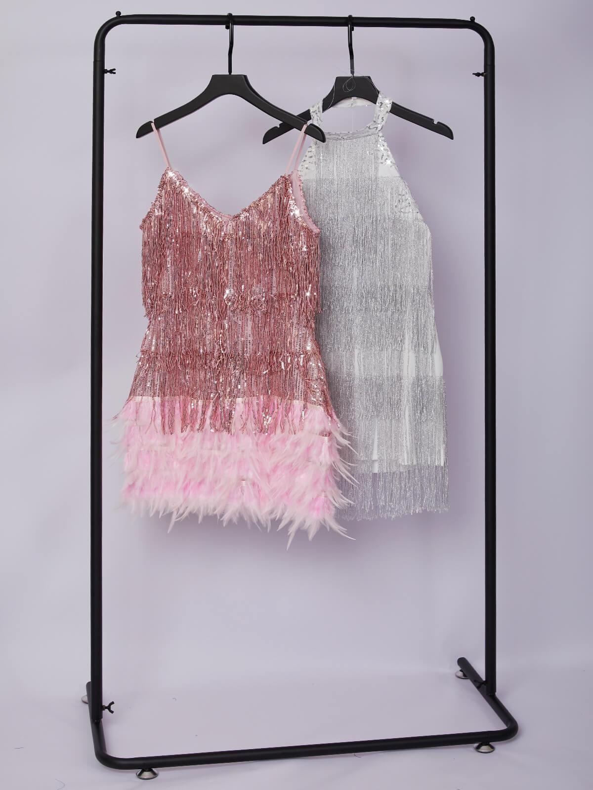 Püsküllü Tüylü Mini Elbise Pembe