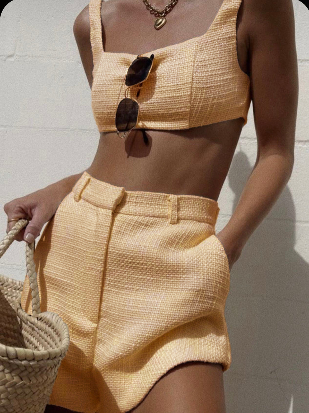 Tweed Sırtı Açık Düz Şort Takımı