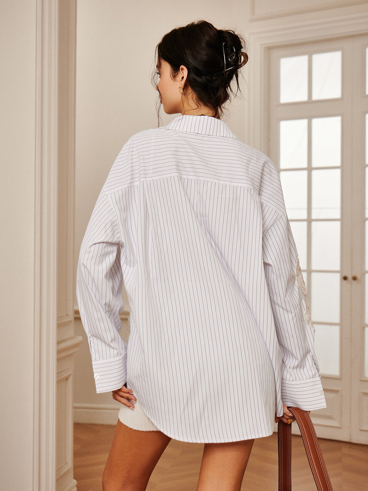 Pinstripe Dantel Patchwork Yaka Gömlek