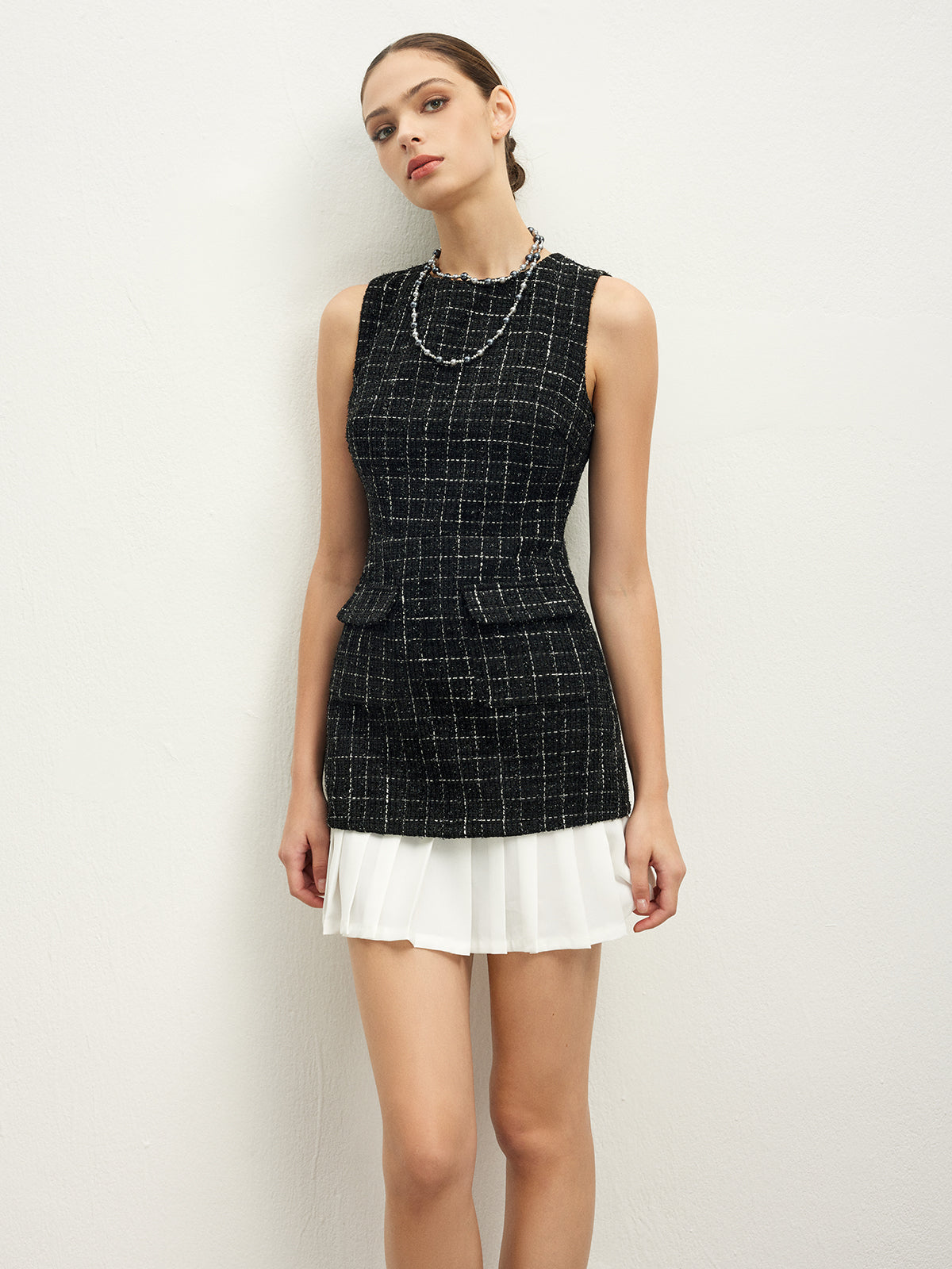 Kareli Tweed Panel Tank Elbise