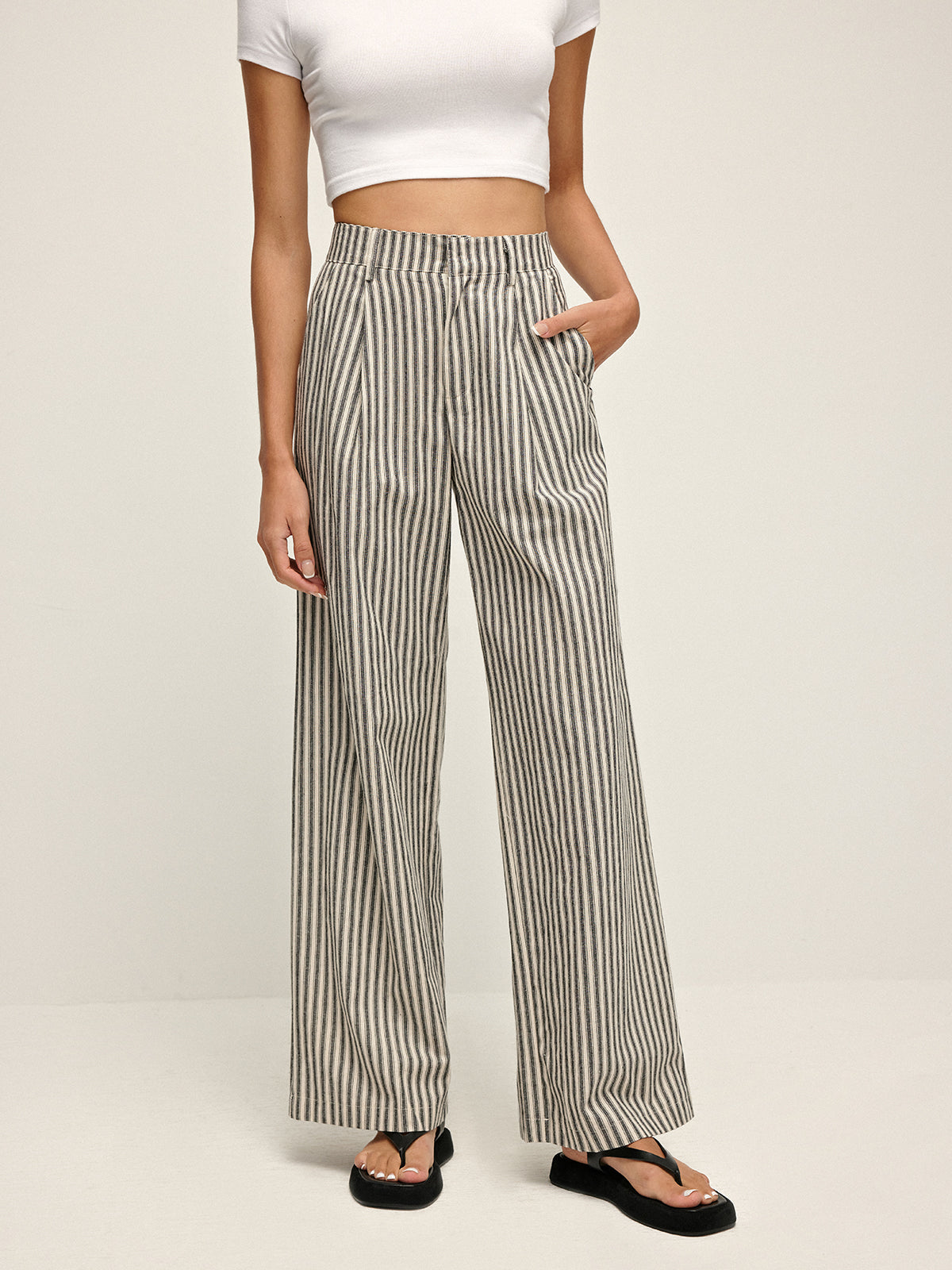 Pinstripe Yüksek Bel Uzun Pantolon