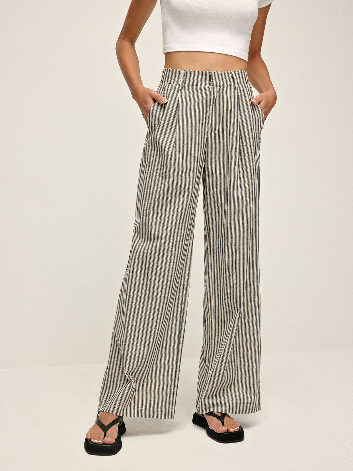 Pinstripe Yüksek Bel Uzun Pantolon