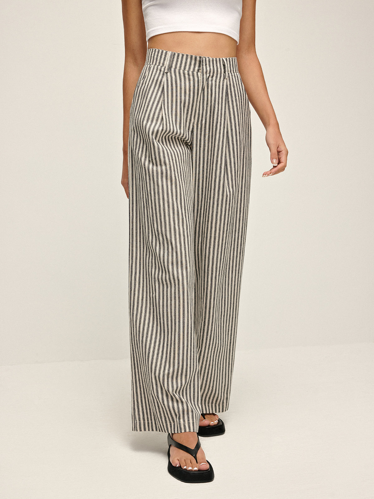 Pinstripe Yüksek Bel Uzun Pantolon