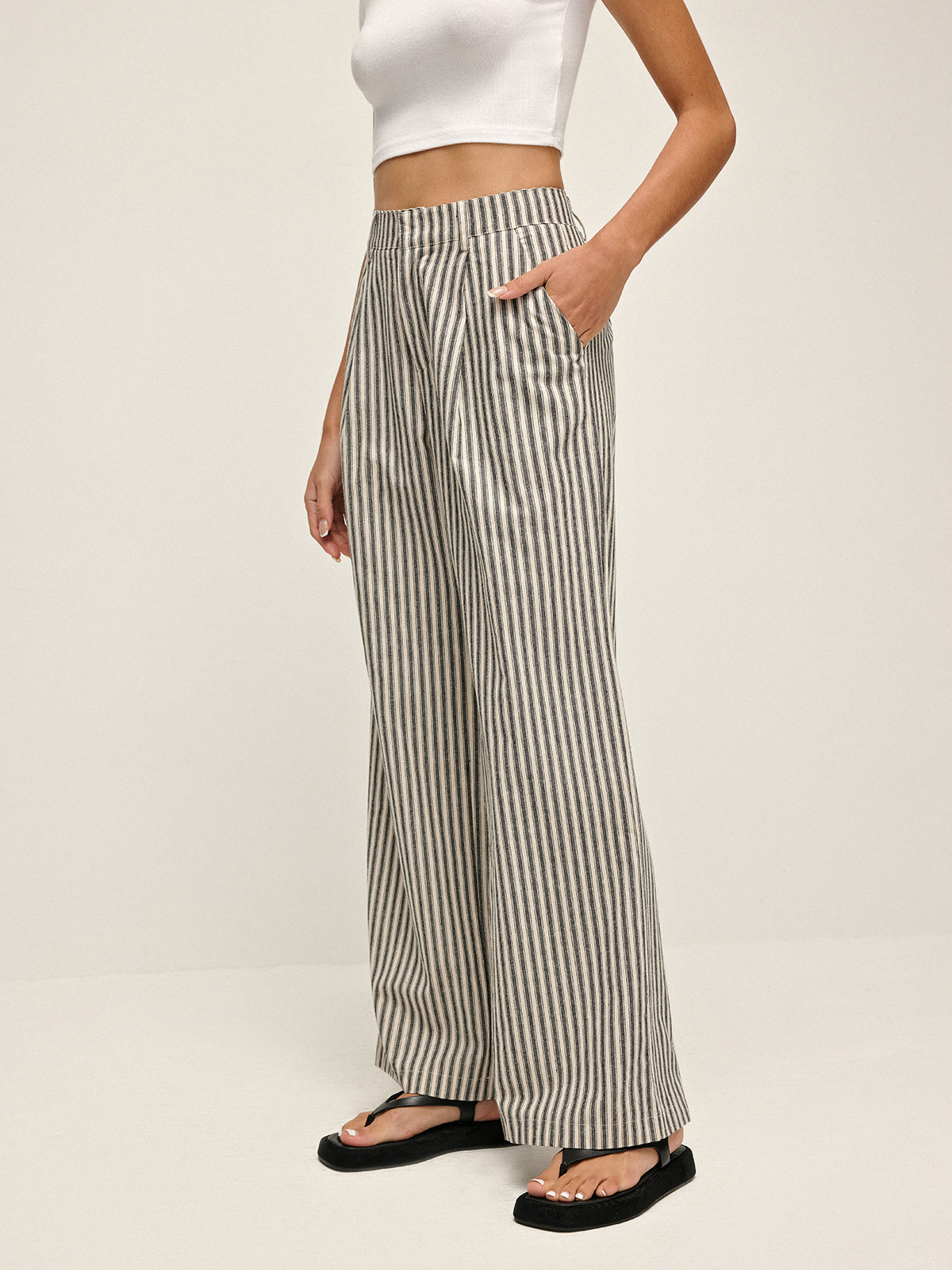 Pinstripe Yüksek Bel Uzun Pantolon