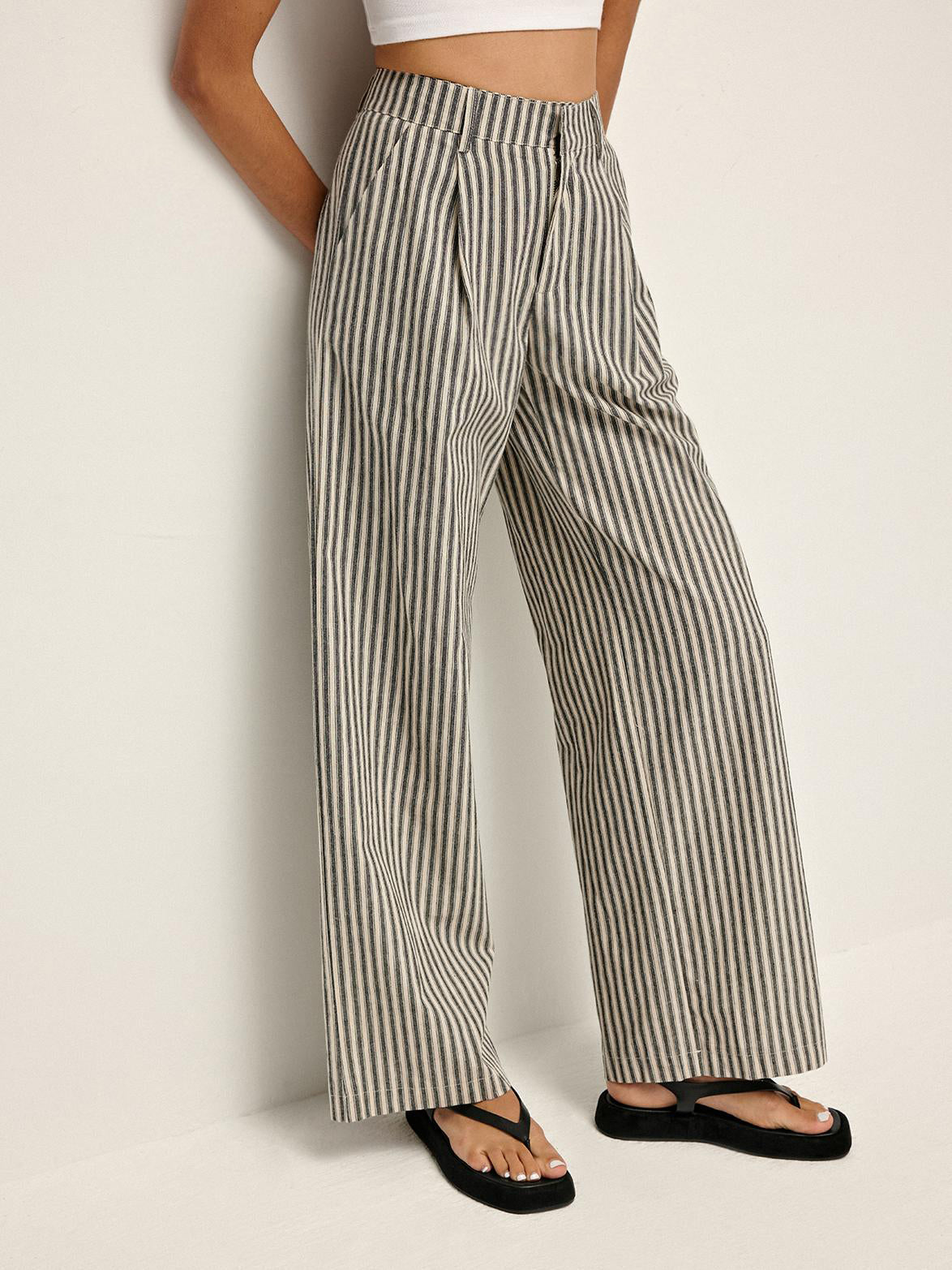 Pinstripe Yüksek Bel Uzun Pantolon