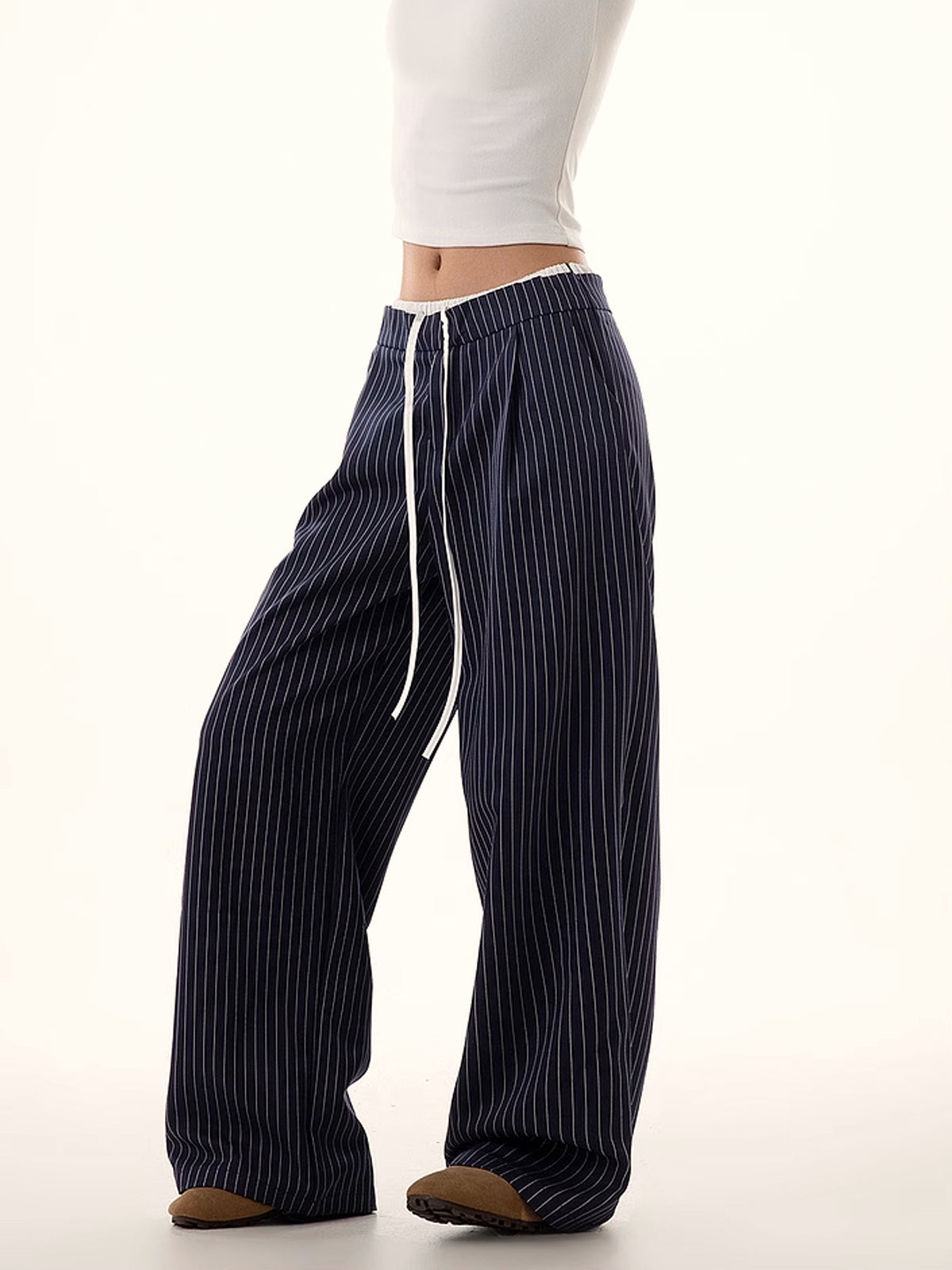 Pinstripe Bağcıklı Geniş Paça Pantolon
