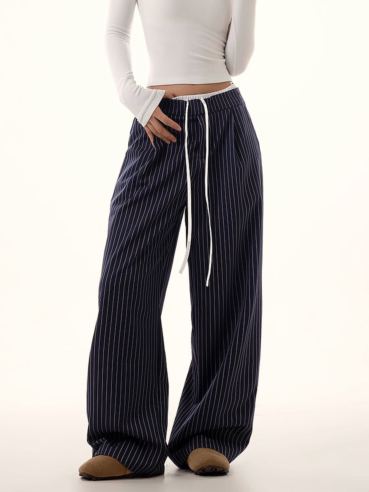 Pinstripe Bağcıklı Geniş Paça Pantolon