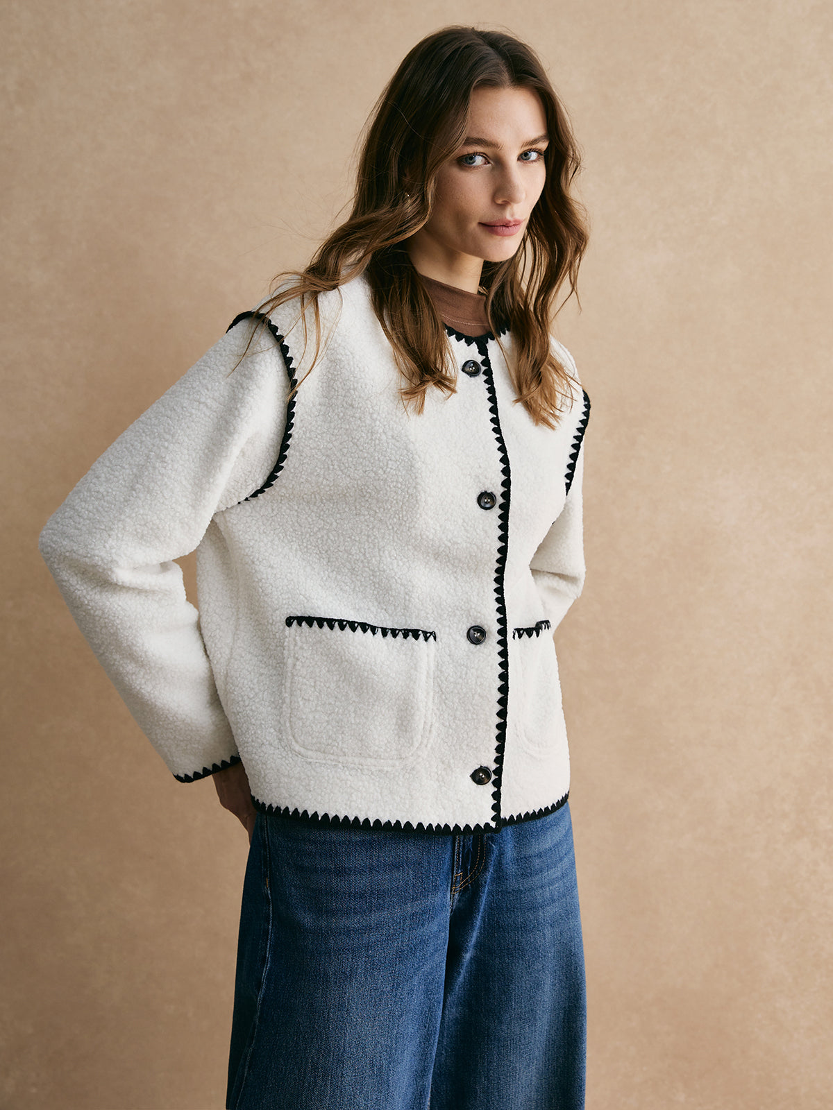 Kontrast Trim Minky Polar Ceket