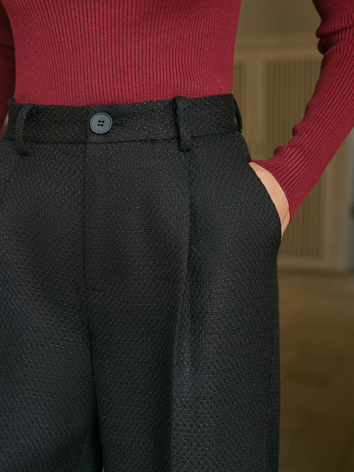 Kemersiz Orta Bel Tweed Pantolon