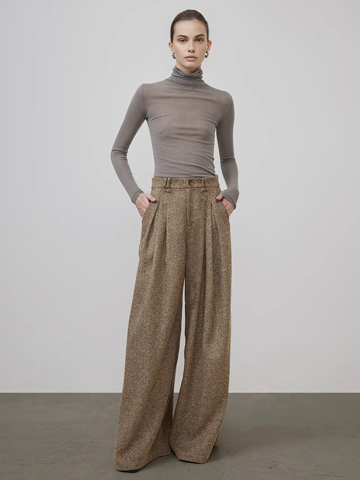 Orta Bel Tweed Pileli Geniş Paça Pantolon