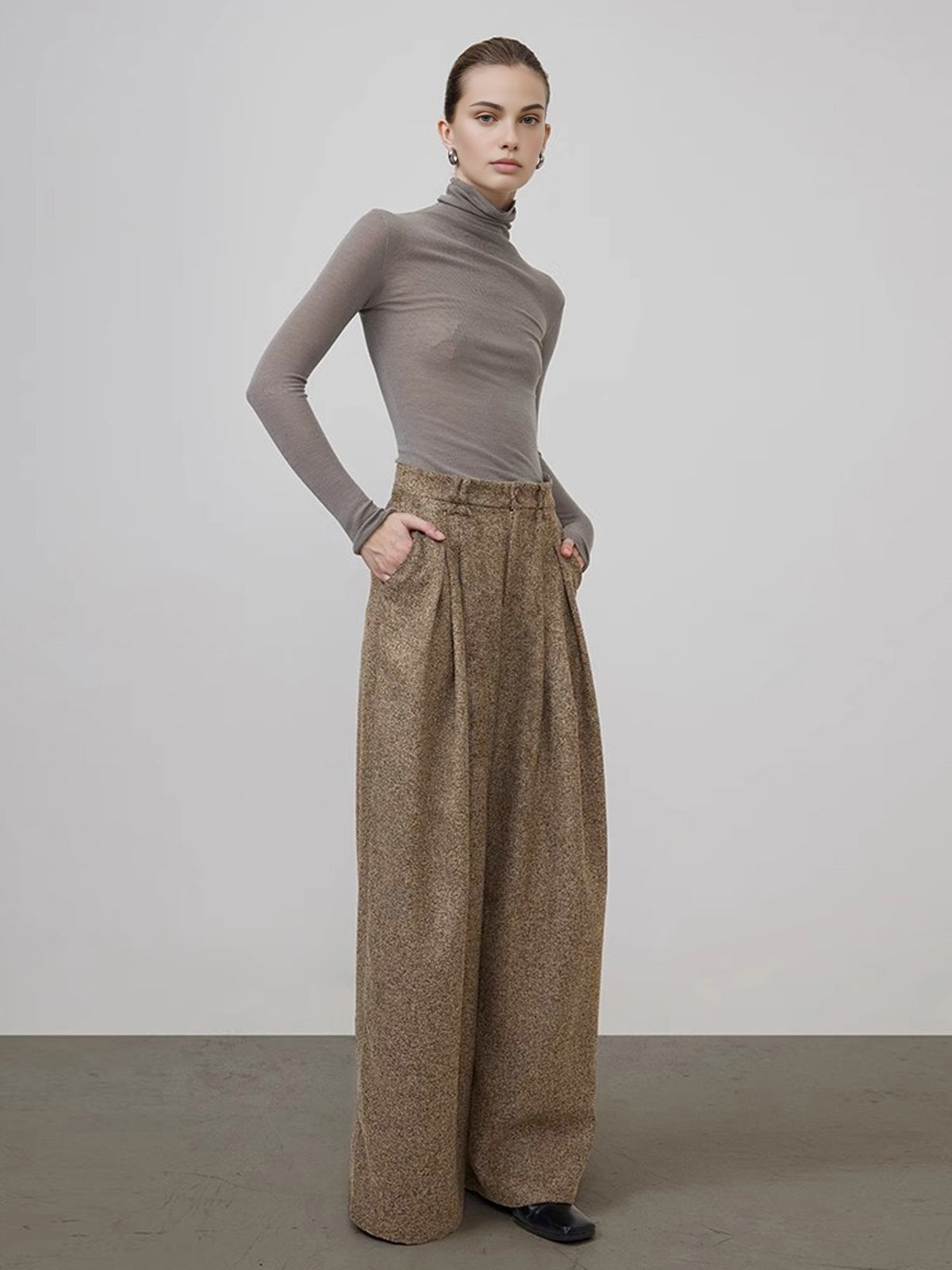 Orta Bel Tweed Pileli Geniş Paça Pantolon