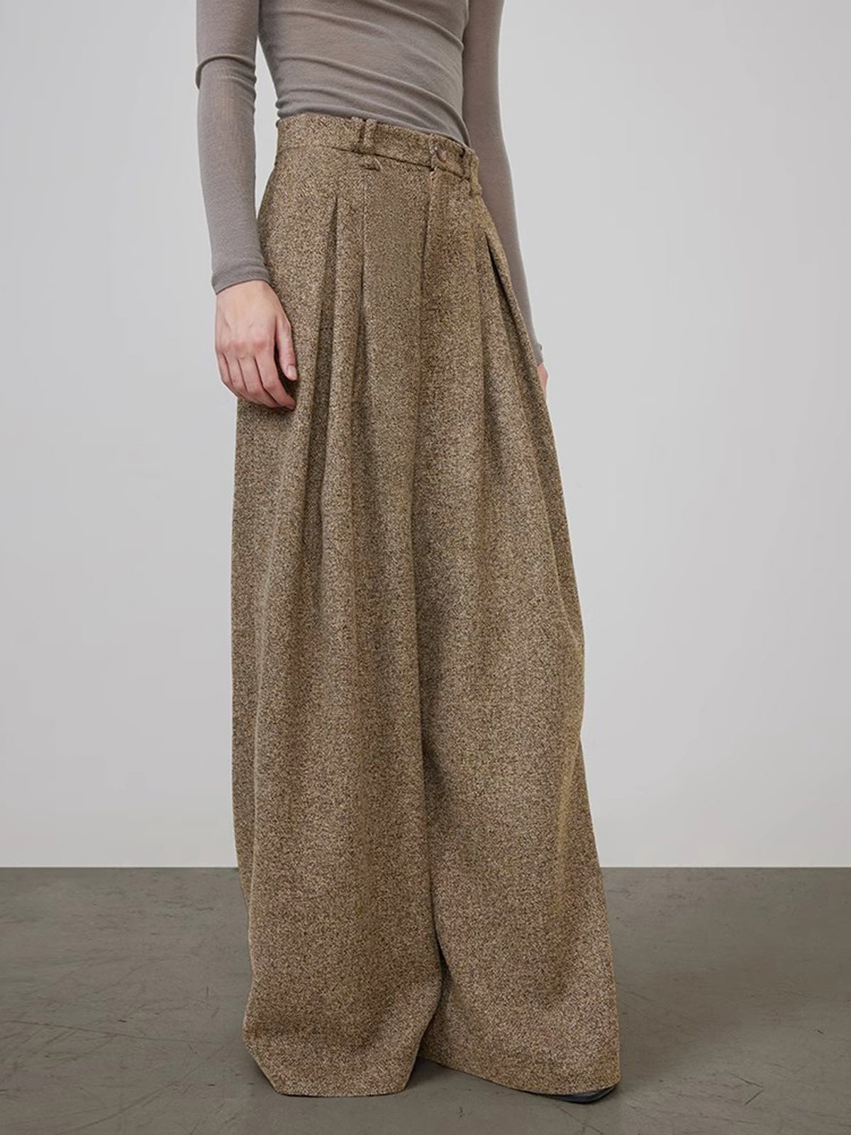 Orta Bel Tweed Pileli Geniş Paça Pantolon