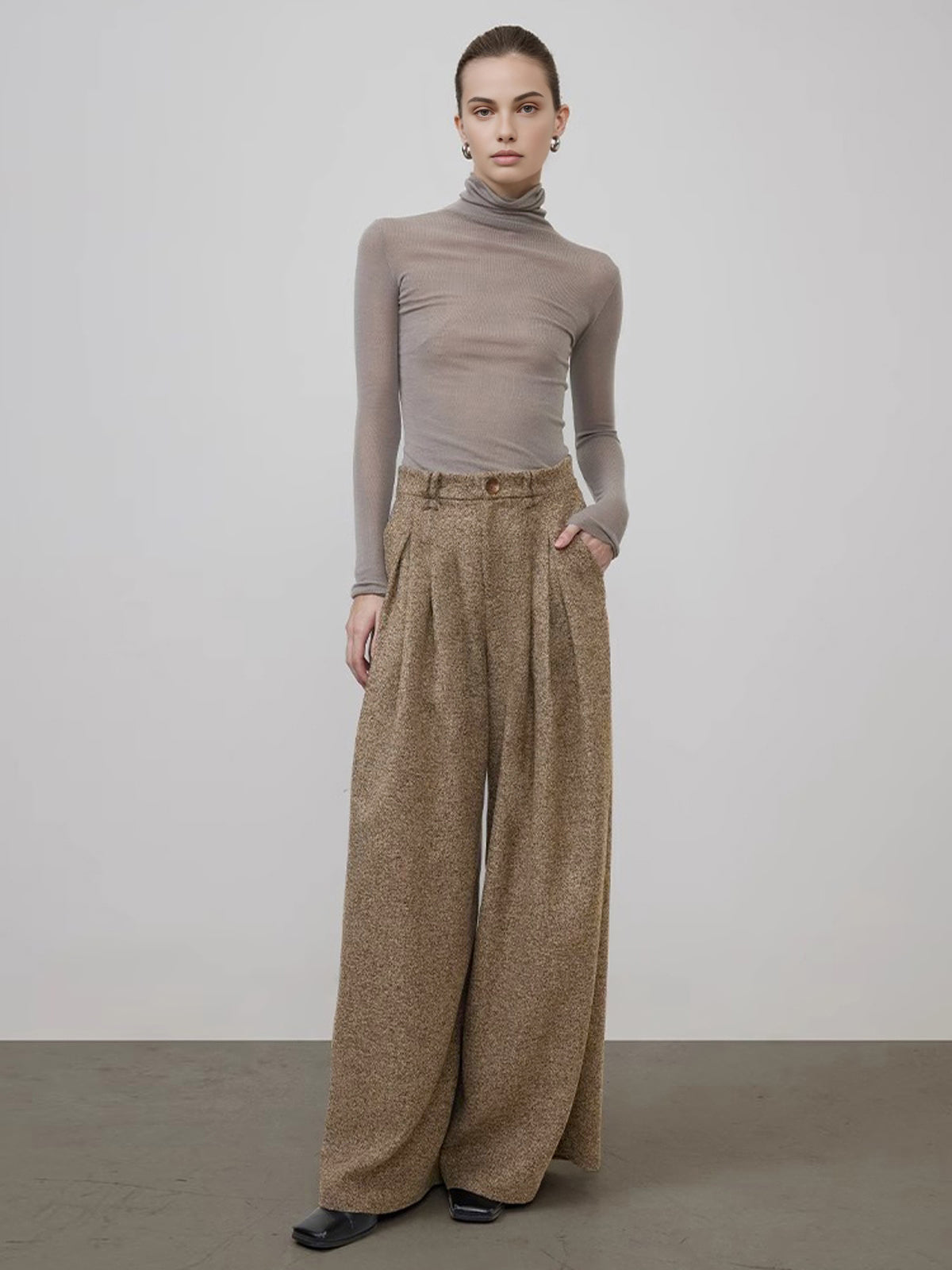 Orta Bel Tweed Pileli Geniş Paça Pantolon