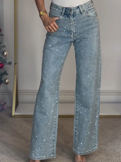 Yüksek Bel Kristal Düz Paça Kot Pantolon