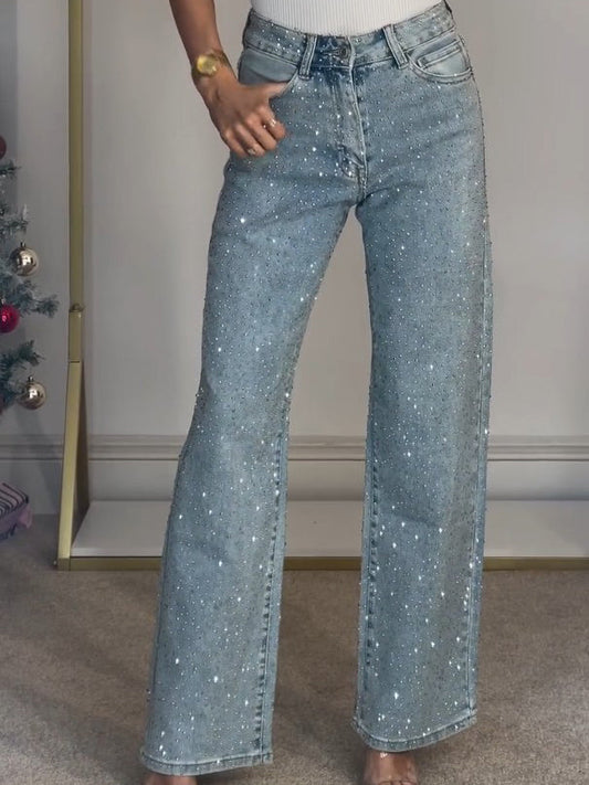 Yüksek Bel Kristal Düz Paça Kot Pantolon