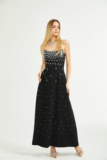 Elegant Siyah İşlemeli Maxi Elbise