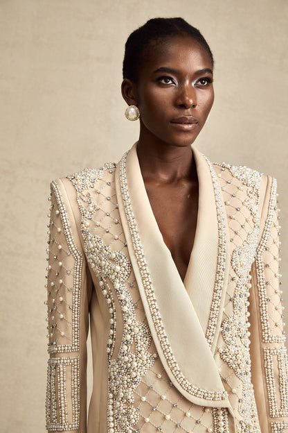 Hélène Haki Şal Yaka Boncuk Detaylı Blazer Elbise