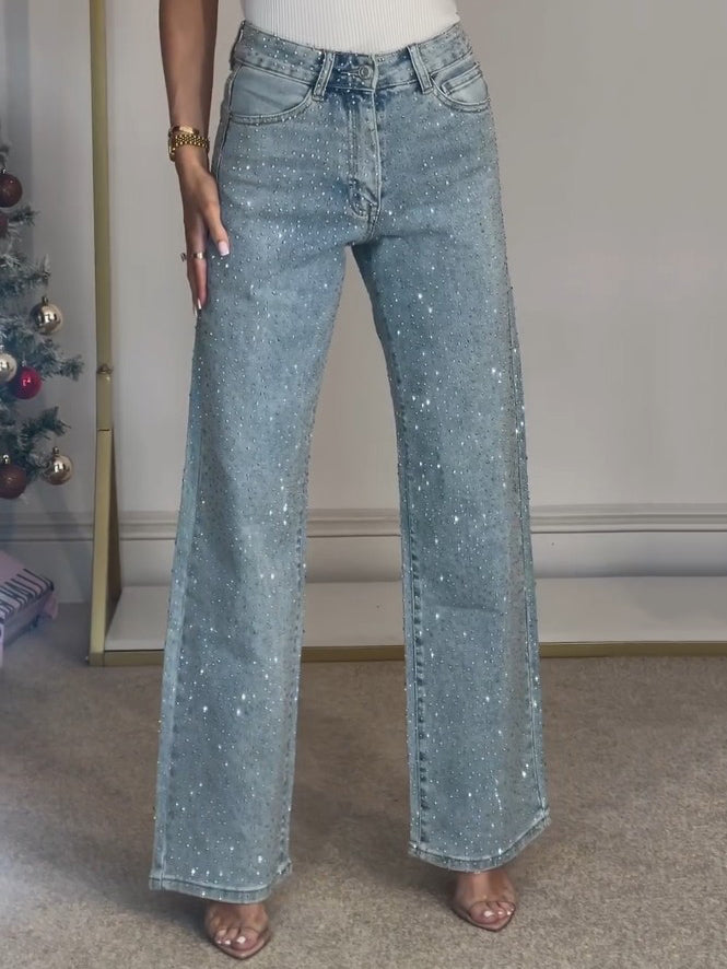 Yüksek Bel Kristal Düz Paça Kot Pantolon