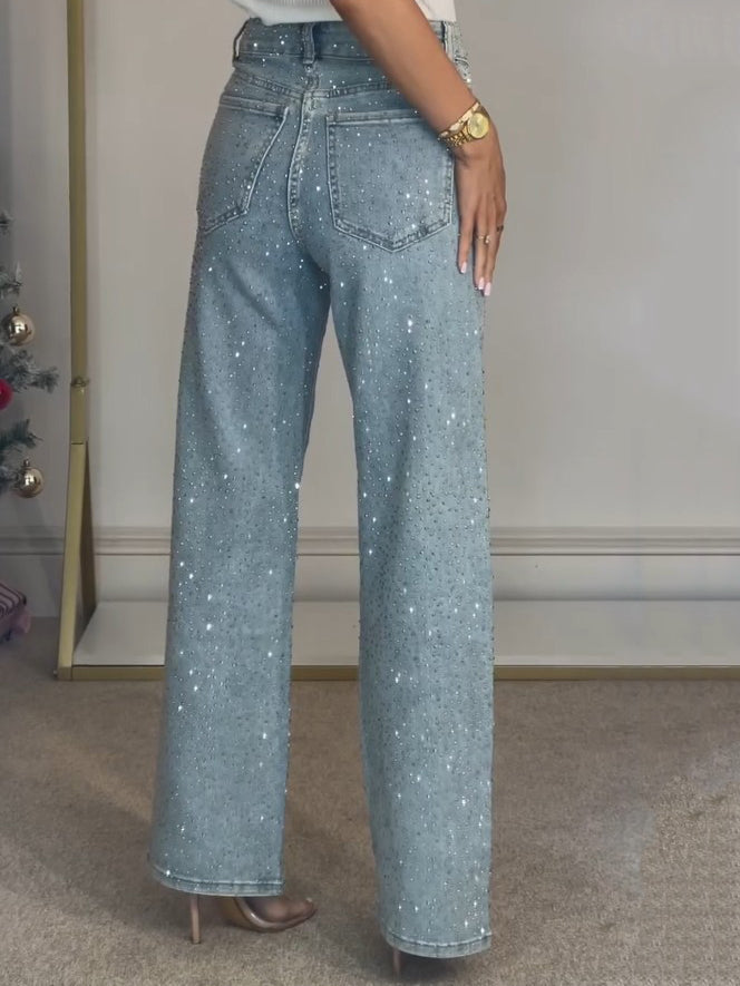 Yüksek Bel Kristal Düz Paça Kot Pantolon