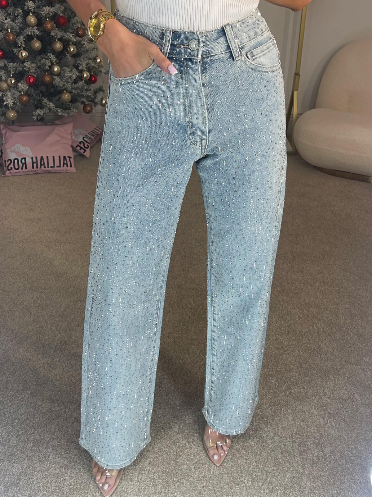 Yüksek Bel Kristal Düz Paça Kot Pantolon