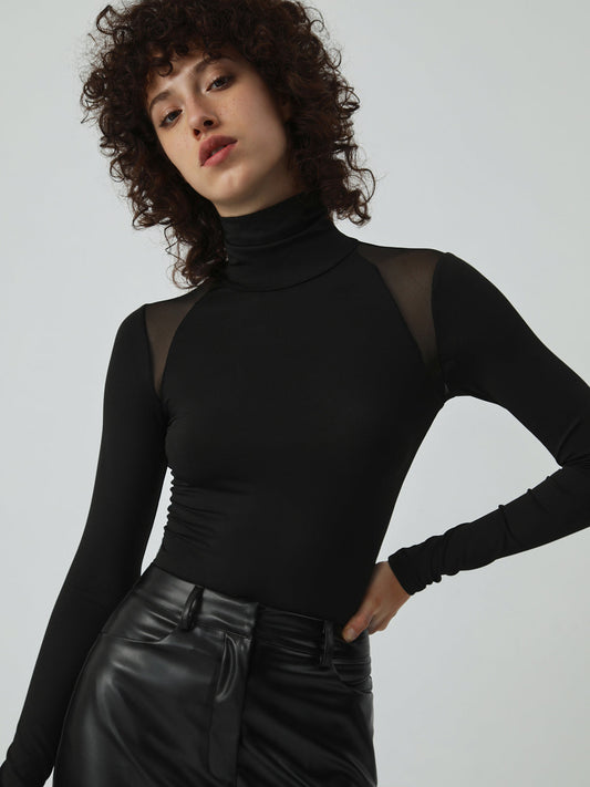 Patchwork Mesh Turtleneck Uzun Kollu Body