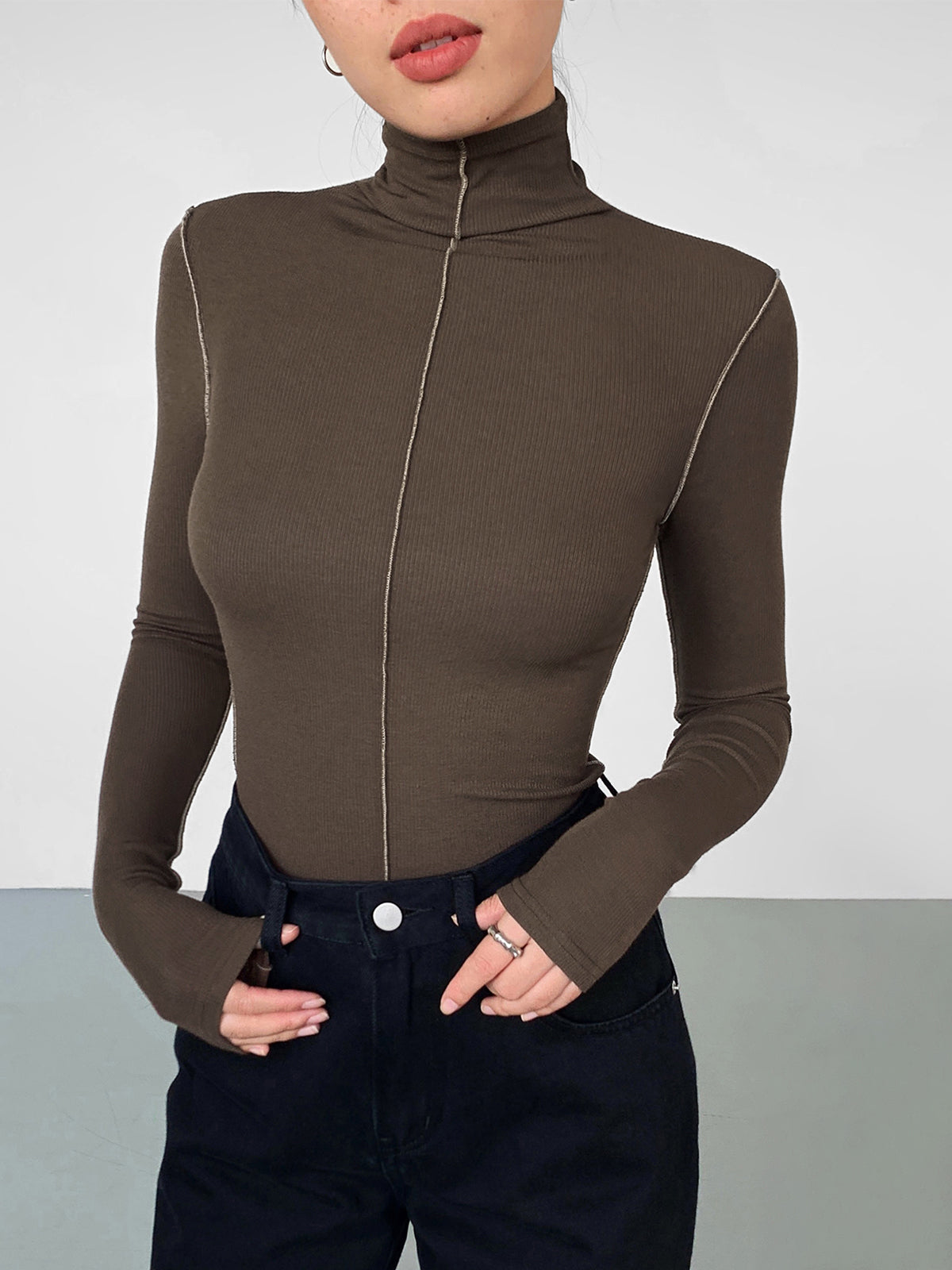 Slinky Turtleneck Kontrast Kesim Yivli Örgü Gömlek