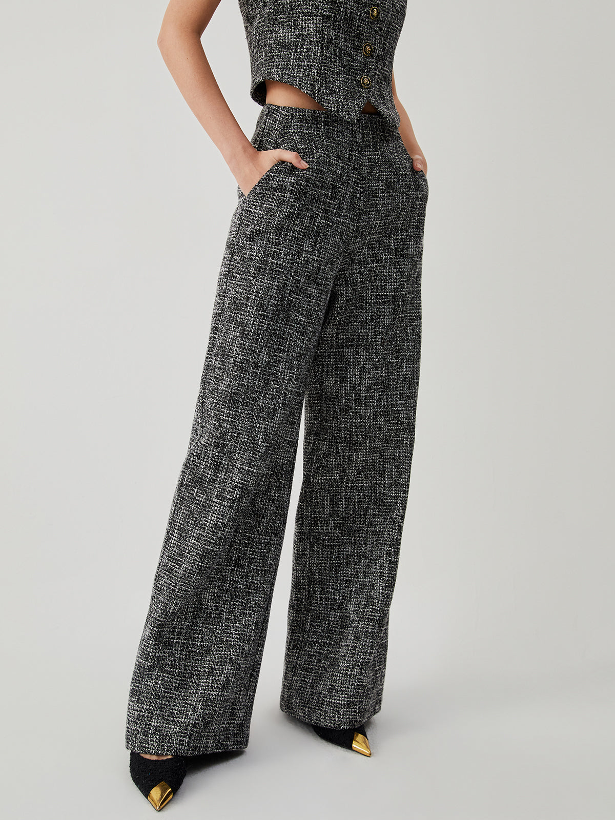 Eski Para Tweed Düz Paça Cep Pantolon