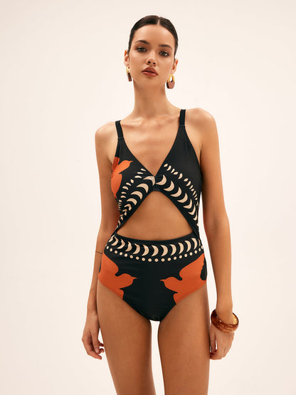 Bird Print Cutout One Piece Swimsuit