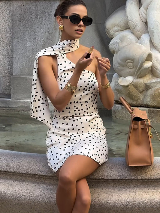 Satin Polka Dot Asimetrik Elbise