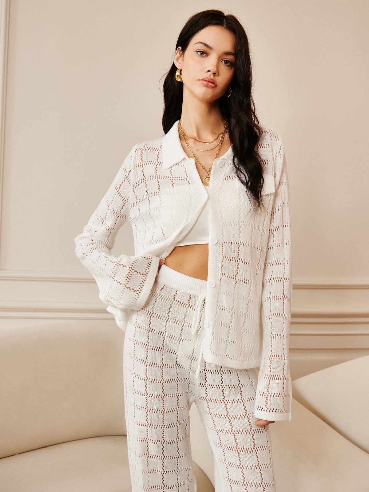 Hollow Plaid Bağcıklı Pantolon Takımı