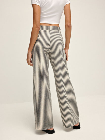 Pinstripe Yüksek Bel Uzun Pantolon