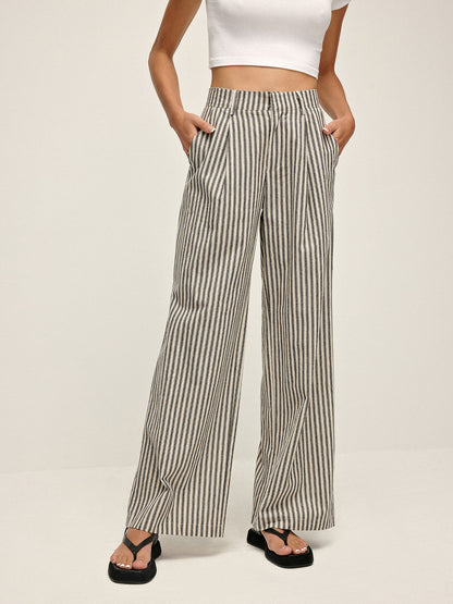 Pinstripe Yüksek Bel Uzun Pantolon