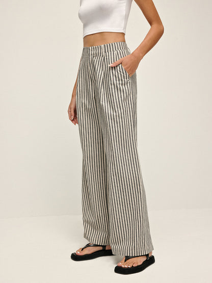 Pinstripe Yüksek Bel Uzun Pantolon