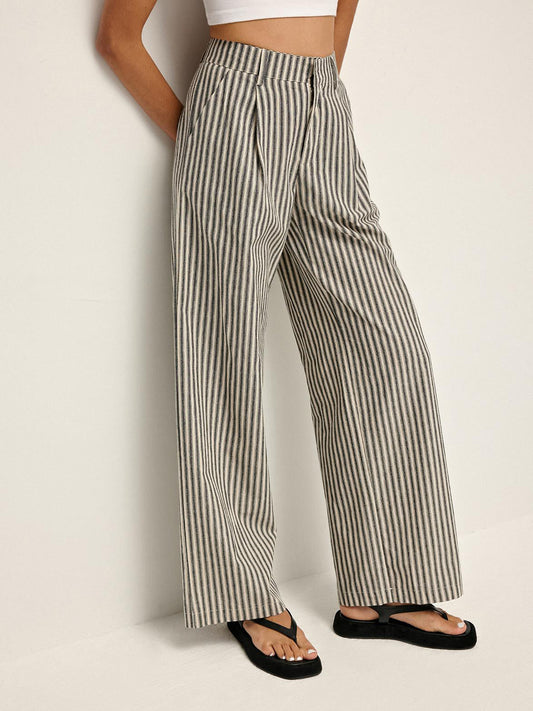 Pinstripe Yüksek Bel Uzun Pantolon