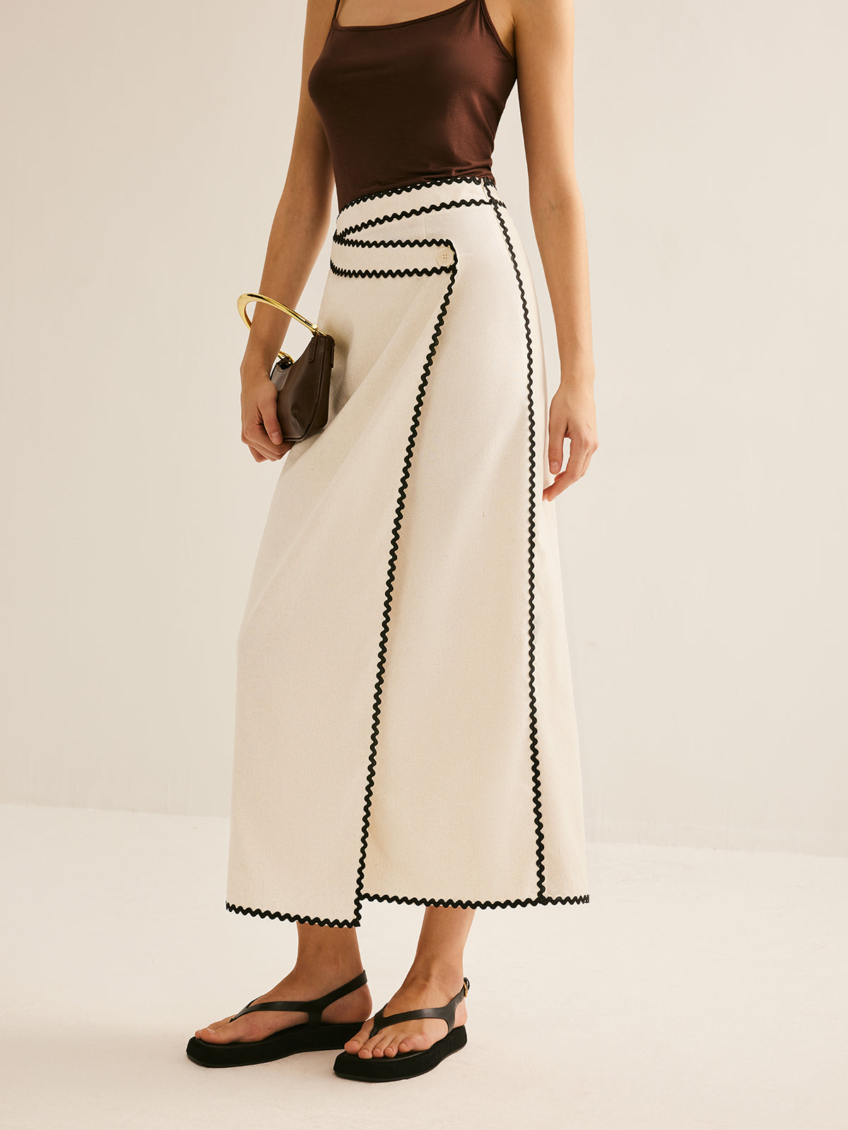 Cotton & Linen Wave Trim Midi Skirt