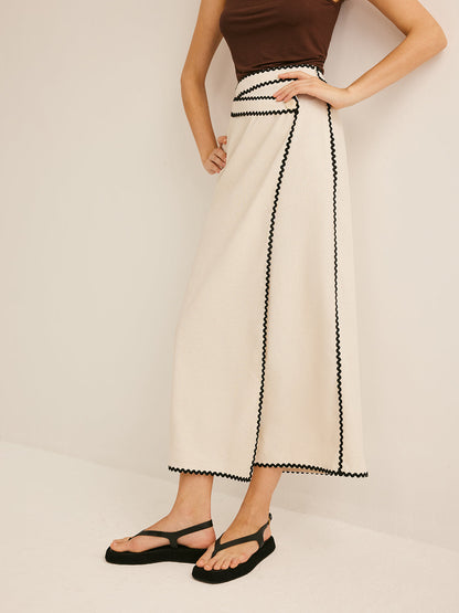 Cotton & Linen Wave Trim Midi Skirt