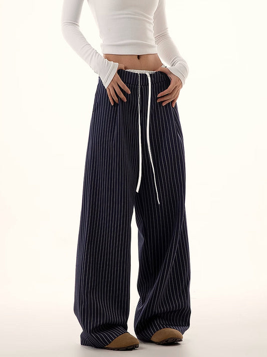 Pinstripe Bağcıklı Geniş Paça Pantolon