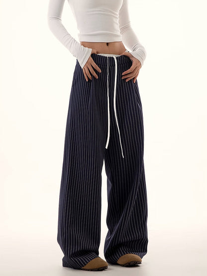 Pinstripe Bağcıklı Geniş Paça Pantolon