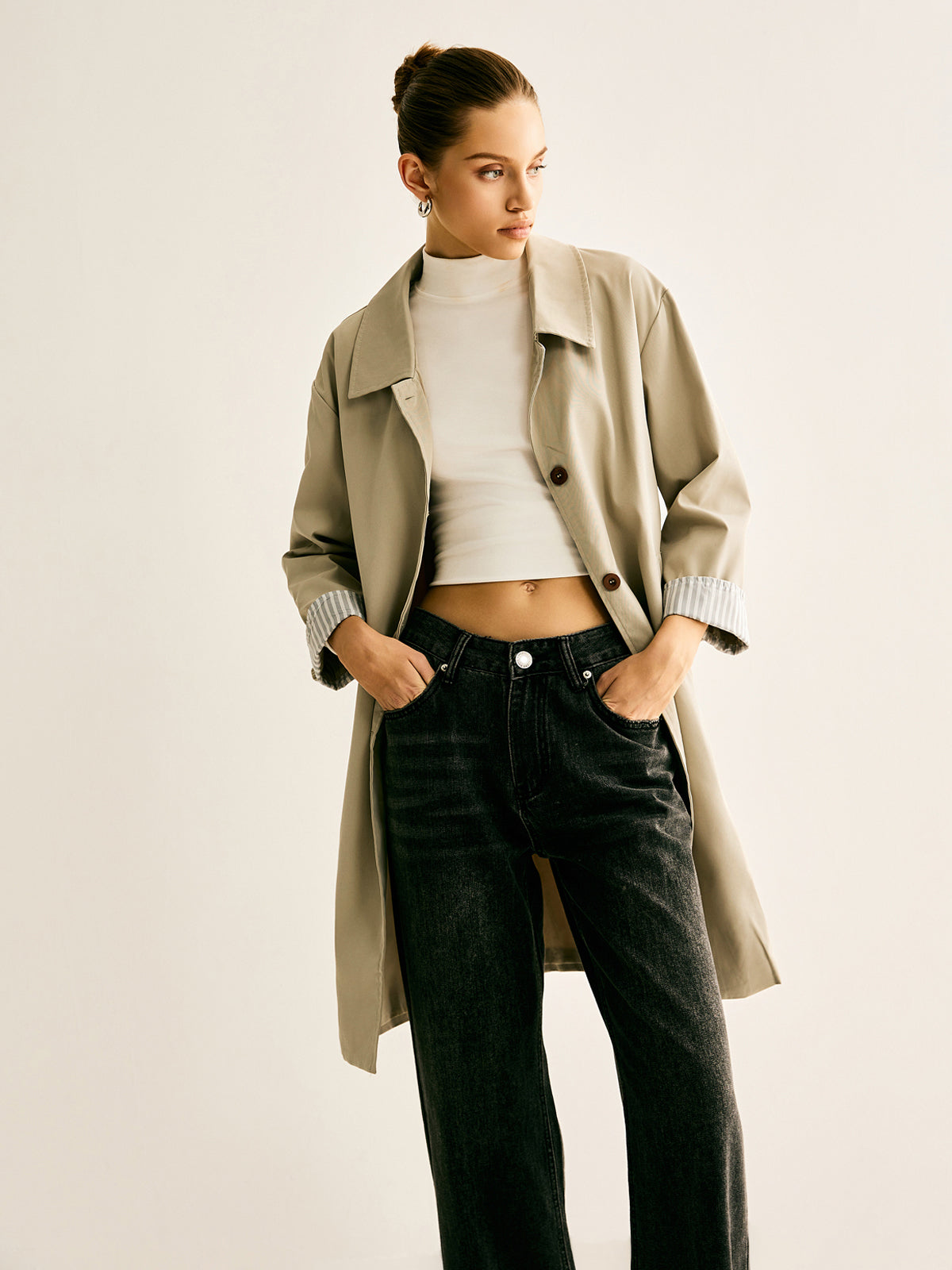 Pinstripe Manşet Uzun Trençkot
