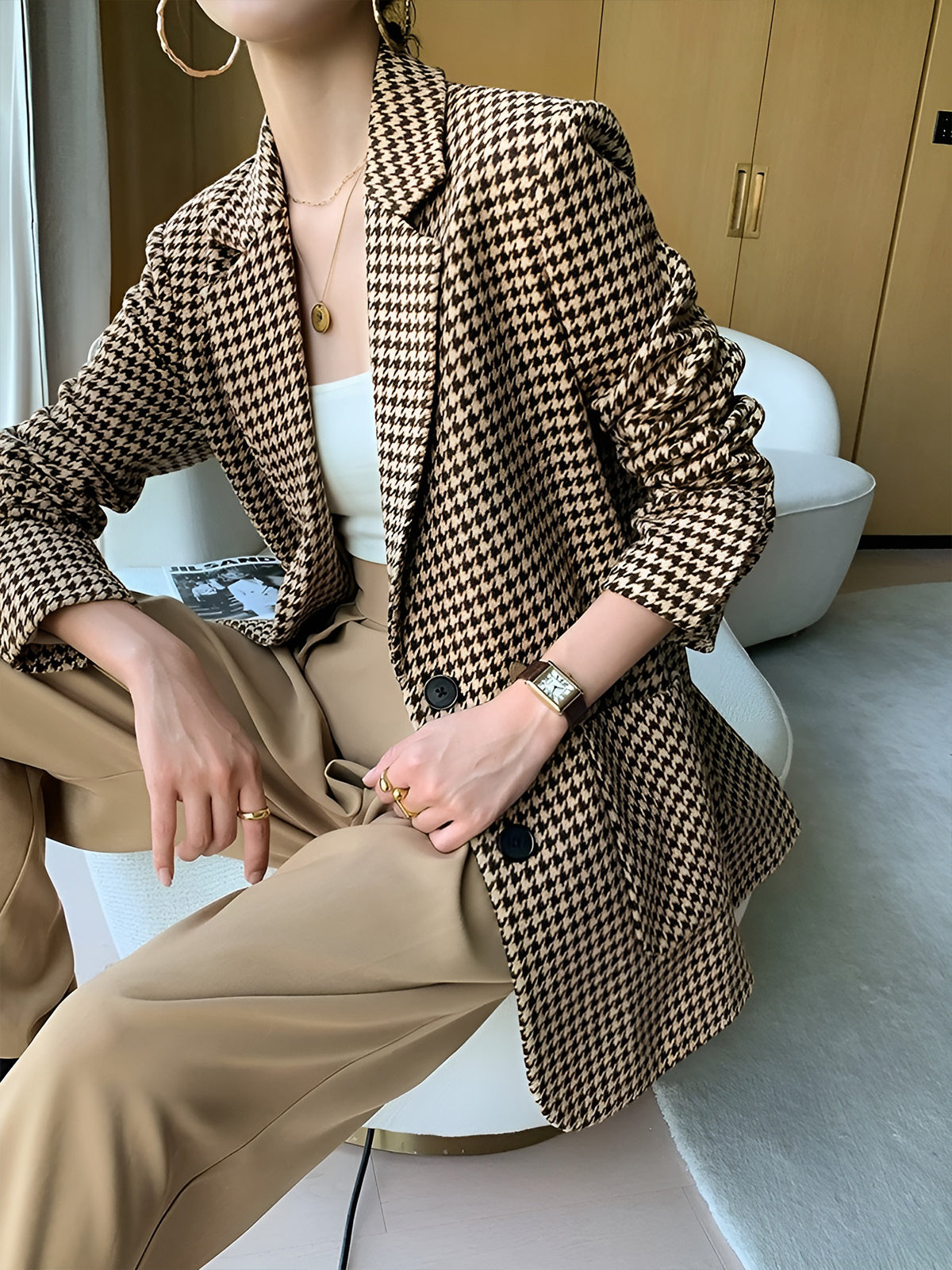 Houndstooth Bölünmüş Blazer Kemerli