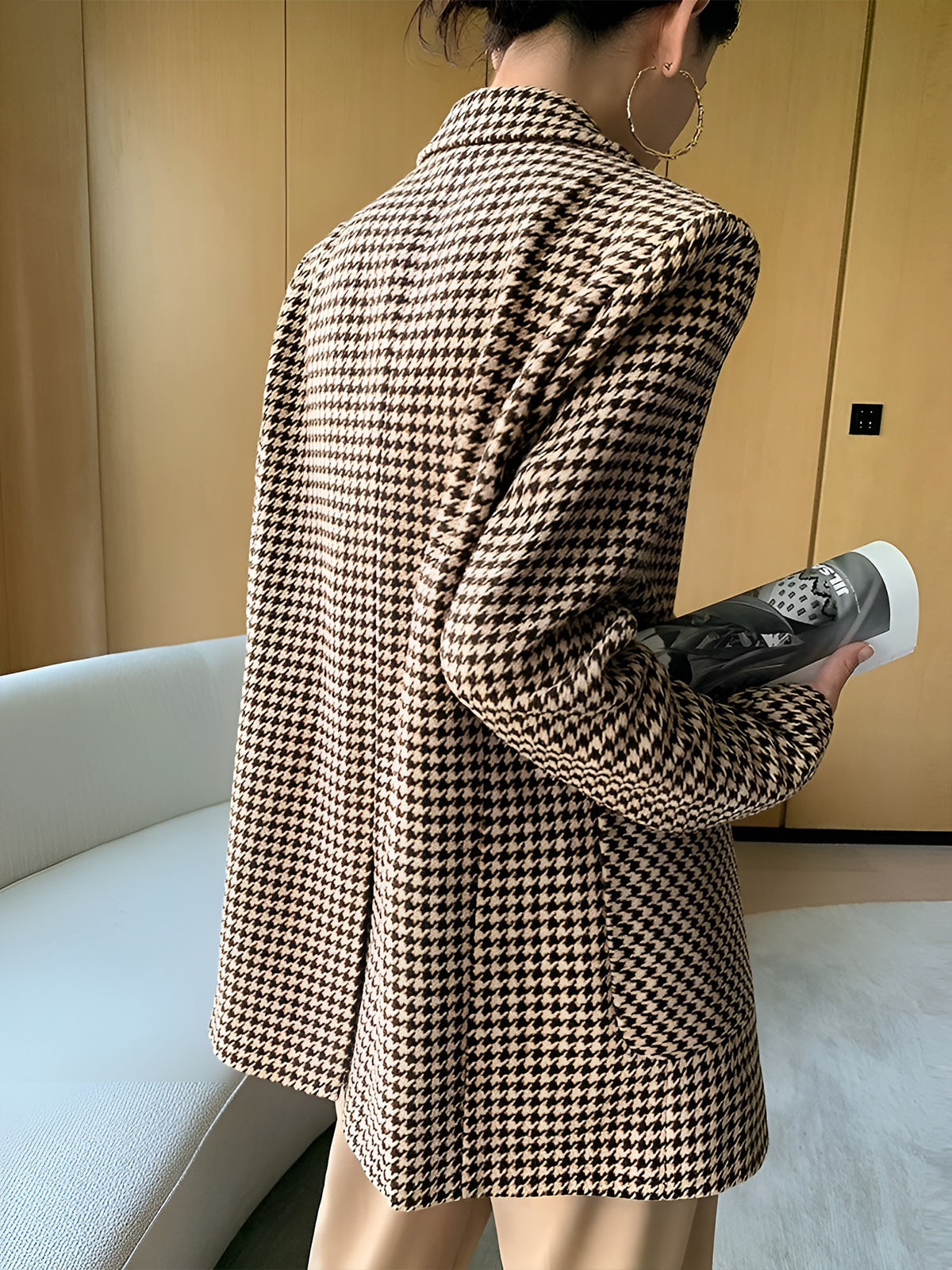 Houndstooth Bölünmüş Blazer Kemerli