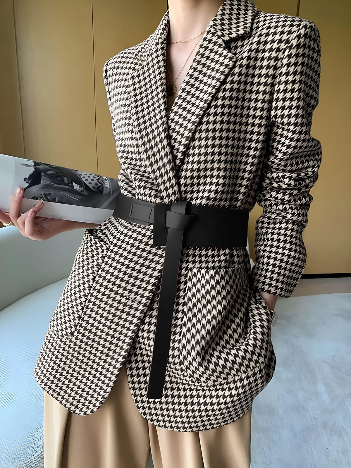 Houndstooth Bölünmüş Blazer Kemerli