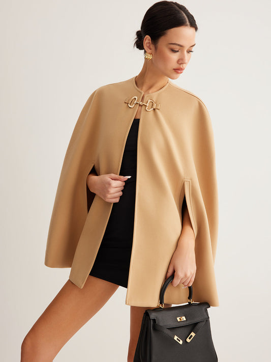 Metal Detaylı Düz Tweed Pelerin