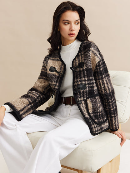 Kontrast Kesim Kareli Tweed Palto