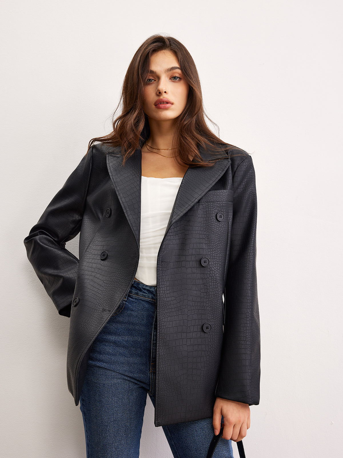 Timsah PU Deri Düğme Blazer