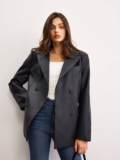 Timsah PU Deri Düğme Blazer
