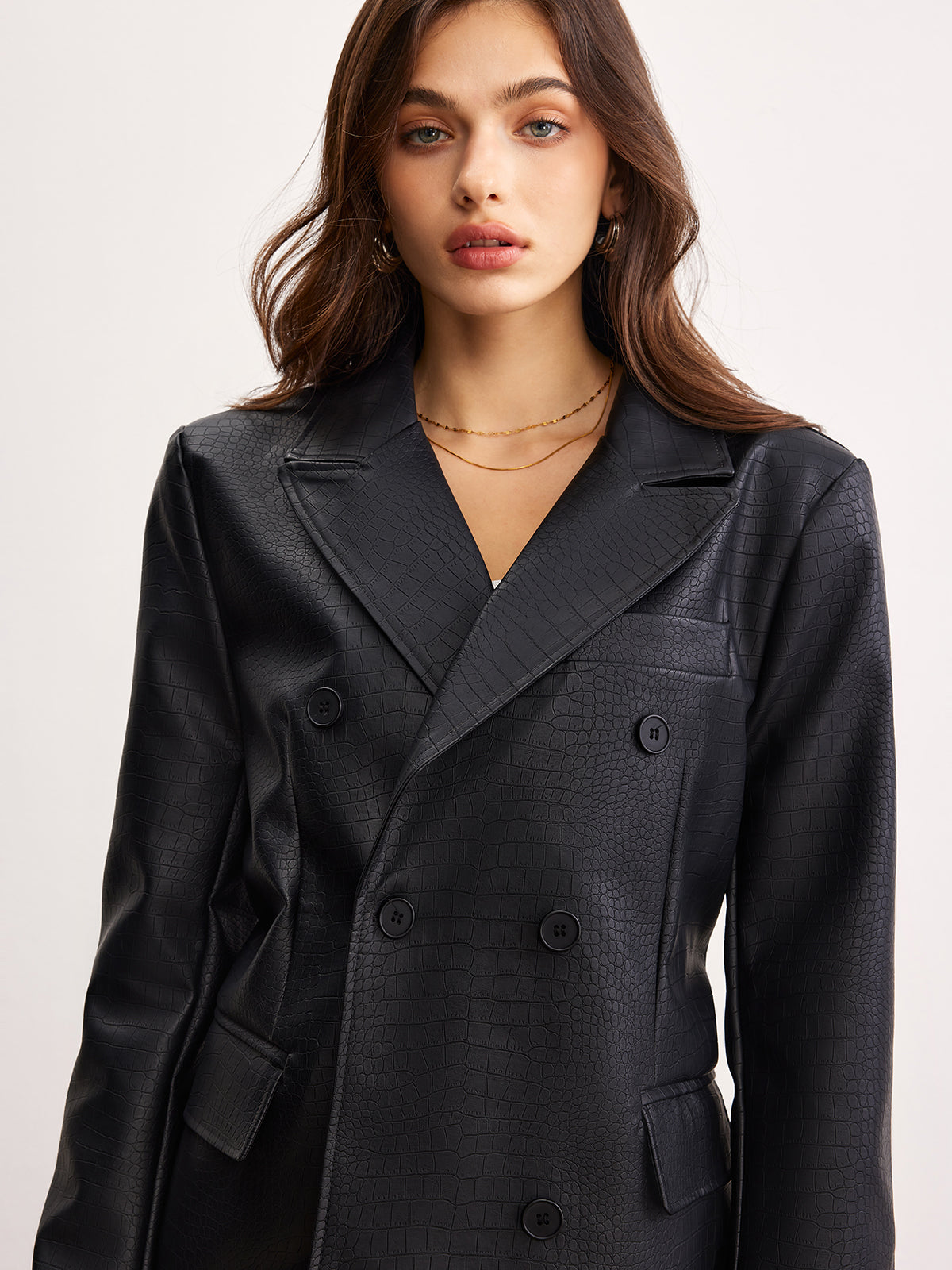 Timsah PU Deri Düğme Blazer