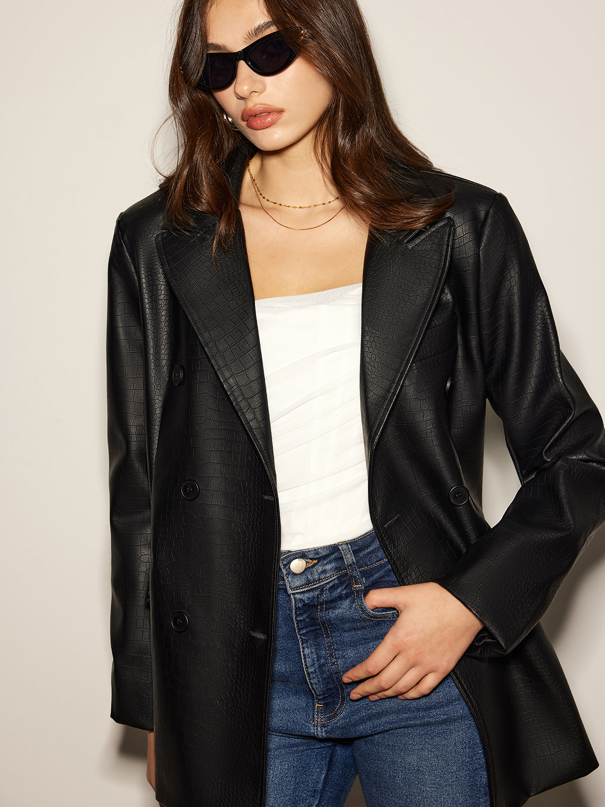 Timsah PU Deri Düğme Blazer